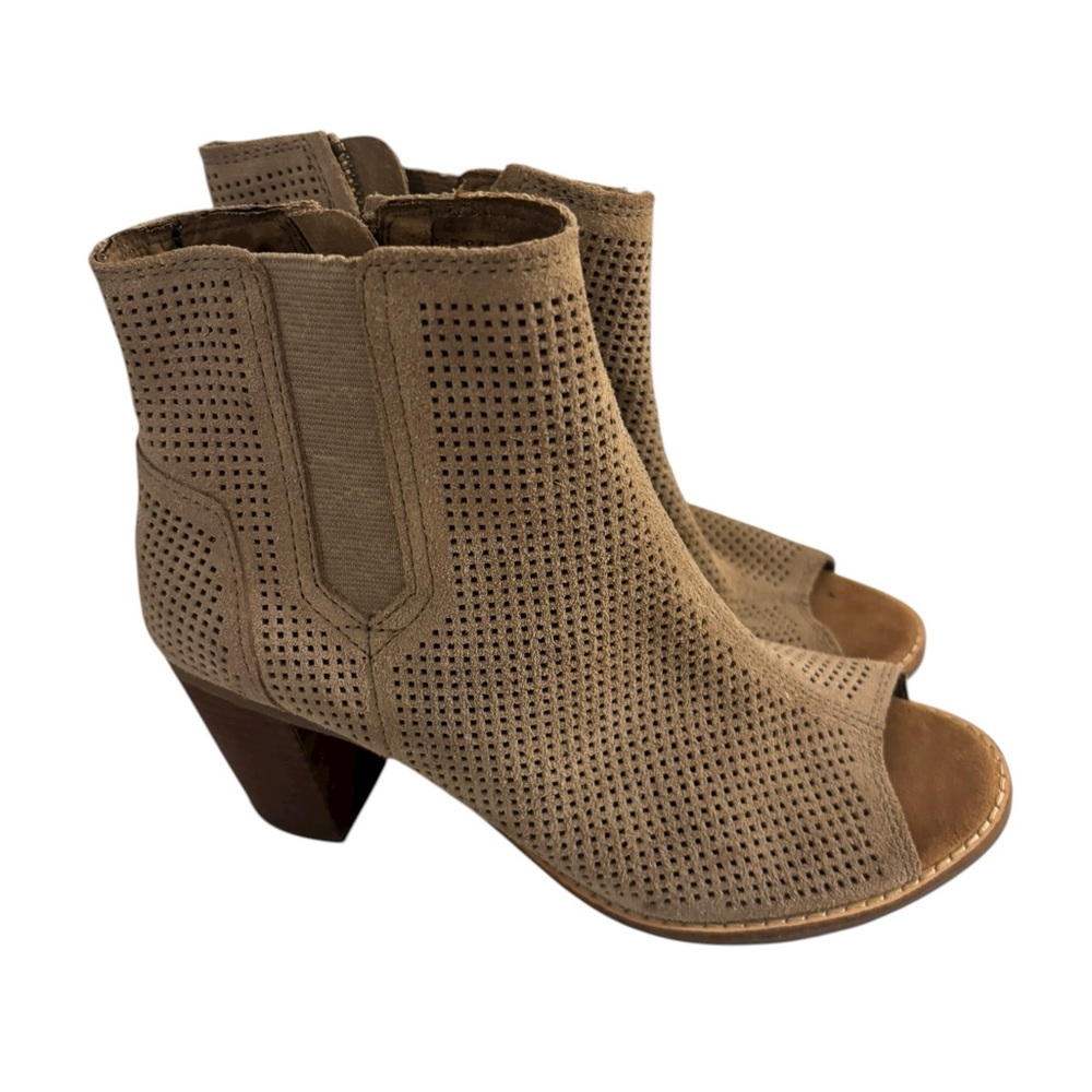 TOMS Women's Majorca Boots Size W8 Block Heel Open Toe Taupe Suede Boho Bootie - Picture 2 of 7